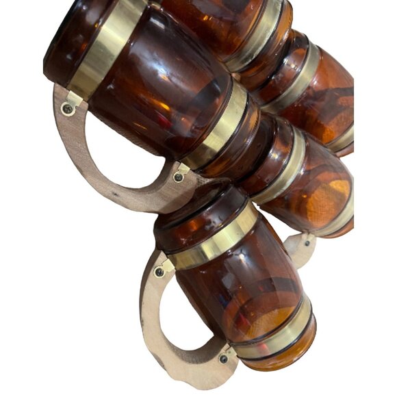Vintage 1960s Siesta Ware Amber Glass Barrel Mugs Set Of 5 With Wooden Handles & - Picture 9 of 10